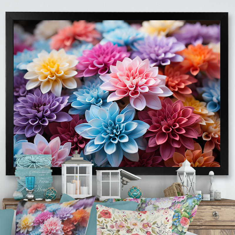 Chrysanthèmes vibrants, collage II, H 16 po x l 32 po x P 1 po, Encadrement doré
