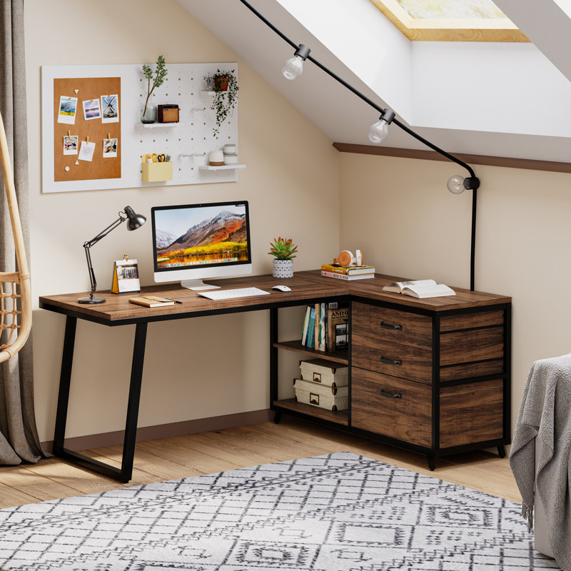 L-Shaped Metal Base Computer Desk, Brown/Black