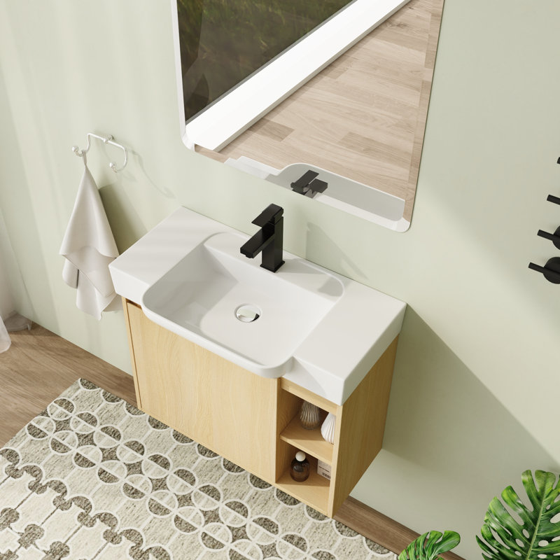 Meuble-lavabo mural 28 po avec plateau en céramique et porte à fermeture en douceur 28 po, Chêne original, 28"
