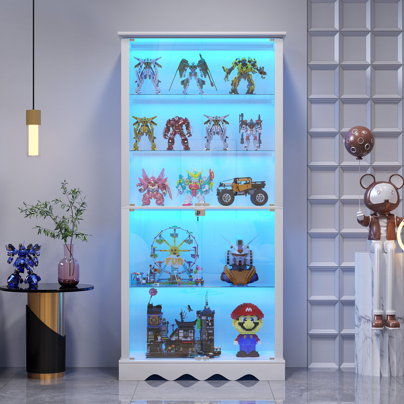 5-Tier Glass Display Cabinet with Tri-Color Sensor Light  and Lock, White