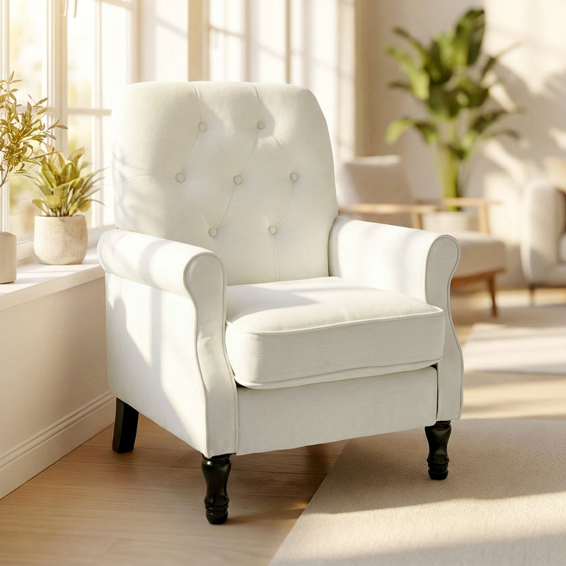 Chaise d'appoint, fauteuil Mid-Century moderne avec siège épais, blanc crème, Crème