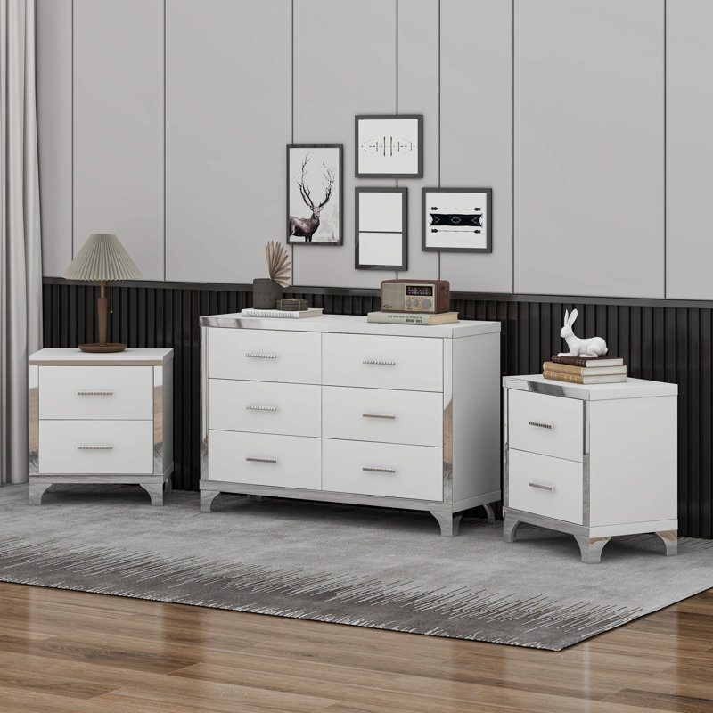 Ensemble de commode et table de chevet 3 pièces avec miroir et poignées en métal, Blanc
