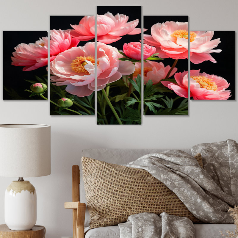 Bouquet de pivoines roses et noires - Art mural sur toile floral - 5 panneaux
