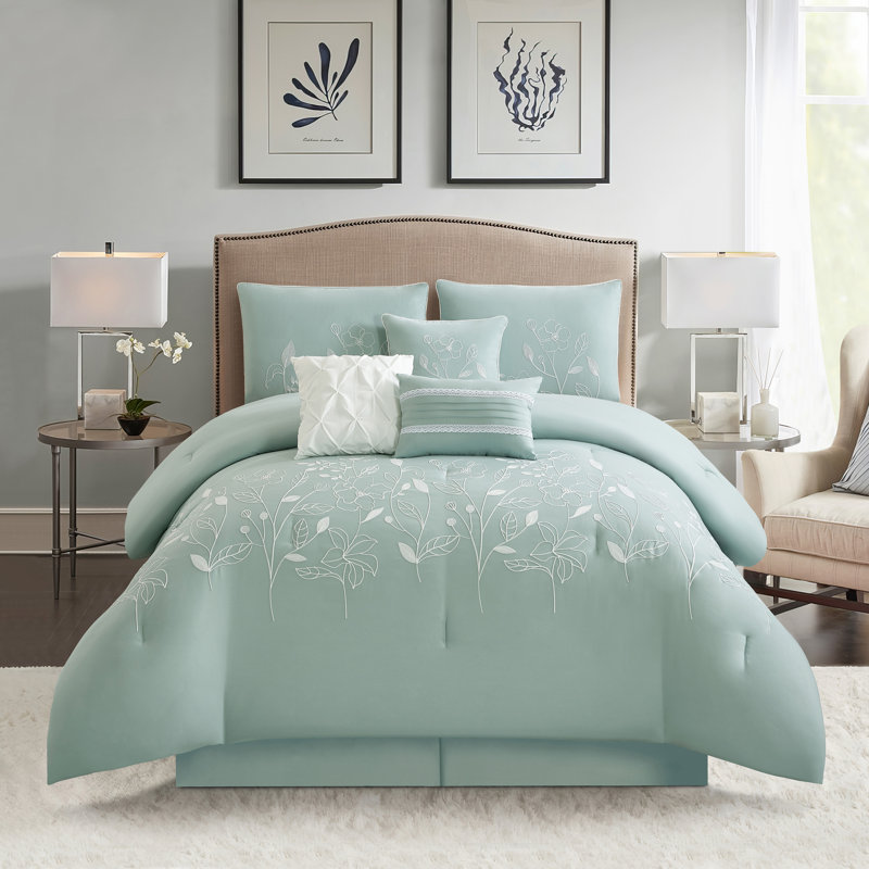 Sage Green Queen Microfiber 7-Piece Floral Comforter Set