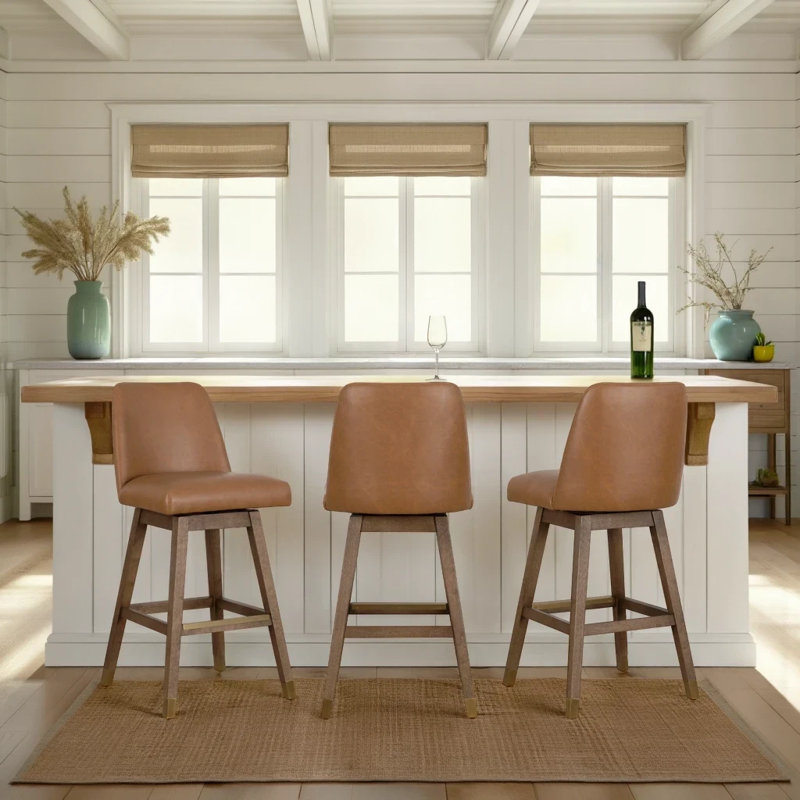 Bolivar Transitional Swivel Rubberwood Counter Or Bar Height Barstool With Faux Leather Seat, Light Brown/Toffee