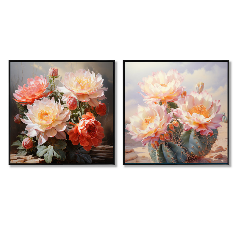 Ensemble de 2 hameçons délicats délicates roses et vertes Cactus, Cadre flottant noir, H 16 po x l 33 po
