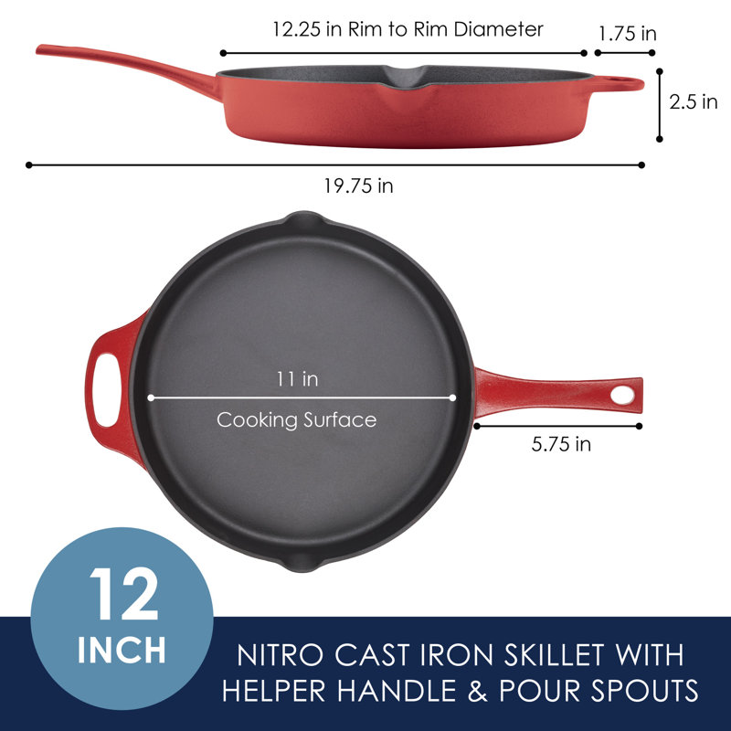 Rachael Ray NITRO Cast Iron Frying Pan / Skillet, Induction-suitable, 12" W, Red