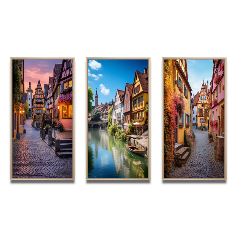 "Allemagne Rothenburg Street", 3 pièces sur toile, Encadré naturel, H 32 po x l 48 po