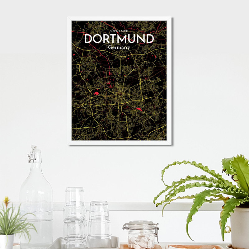 Carte de la ville de Dortmund, impression à Oranje, H 20 po x l 16 po, Noir / rouge / jaune