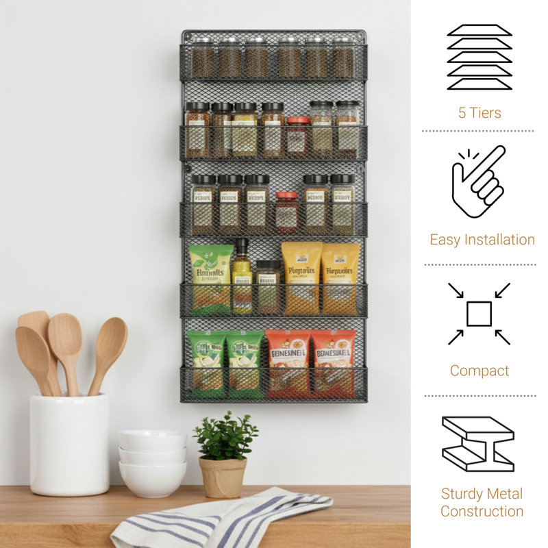 Spice Rack Organizer - Space-Saving Wall-Mount 5-Tier Wire Shelves for Pantry or Cabinets - Kitchen Organization and Storage