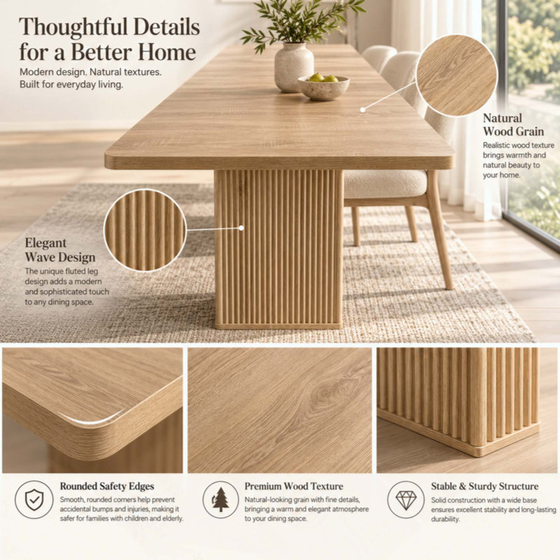 Table de salle à manger extensible moderne pour 4 à 8 personnes, table de cuisine et de salle à manger avec rallonge amovible, pieds cannelés ondulés, coins arrondis
