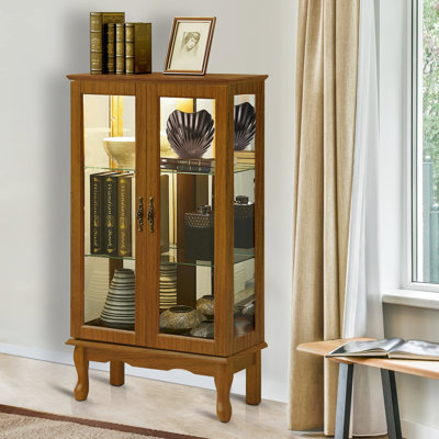 Vitrine en chêne avec portes en verre trempé et dossier en miroir pour ornements éclairés avec beaucoup de rangement
