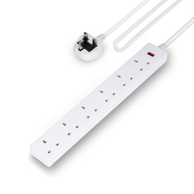 GEEPAS 6 Gang Extension Lead, 1M Cable | 6-Way Plug Extension Cable With Neon Indicator Light | Wall Mountable & Multi Socket Mains Strip For Home Bedroom Office | Heavy Duty UK Plug | White