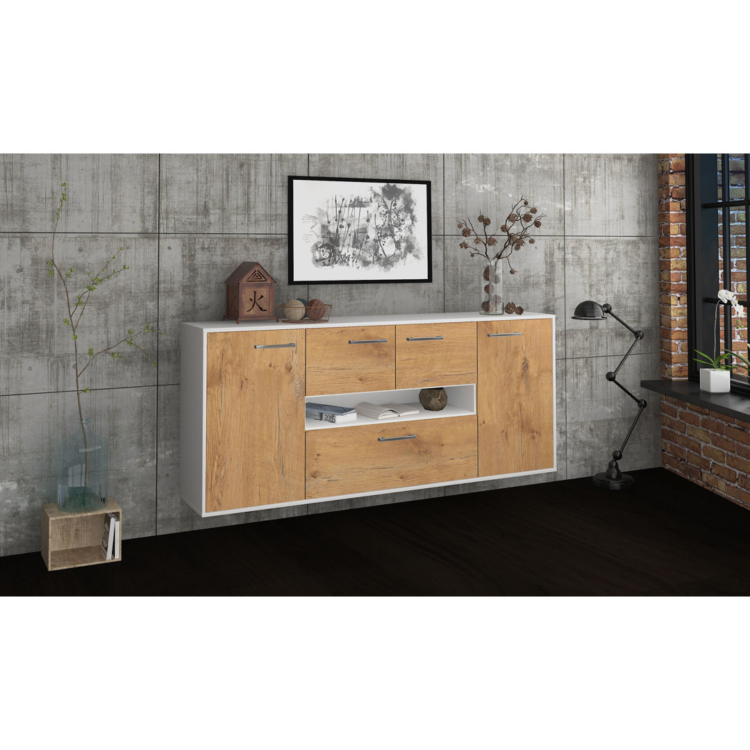 Sideboard Warren, Farbe: Eiche/Weiß, Fliegend/Metallgriffe, Größe: 180x79x35 cm