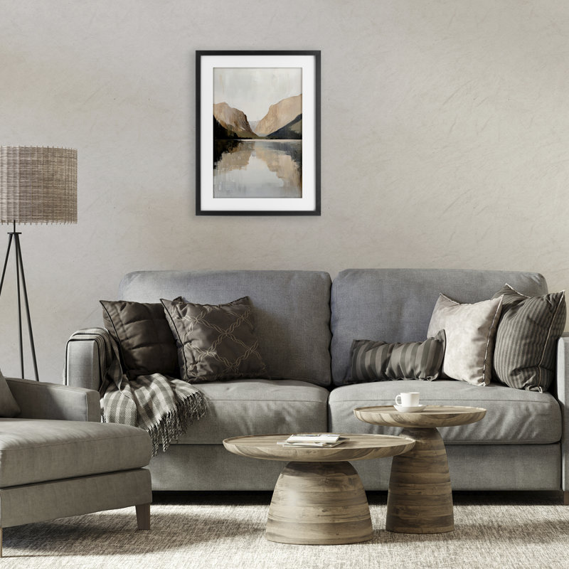 «Mountains Reflecting Rustic Lake», reproduction d'art sous verre encadrée par Petal Prints Design, H 20 po x l 14 po