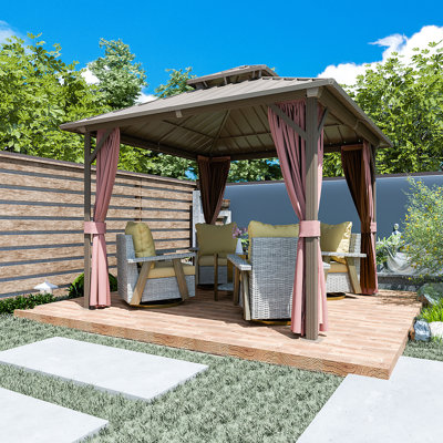  10 pi. X 10 pi Pavillon de jardin en aluminium avec double toit en acier, moustiquaire et rideaux