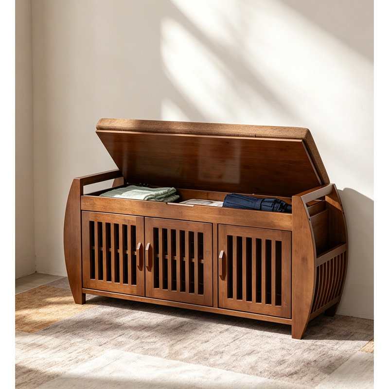 Banc de rangement pour chaussures en bois rustique, organisateur de vestibule avec siège rembourré et portes ventilées