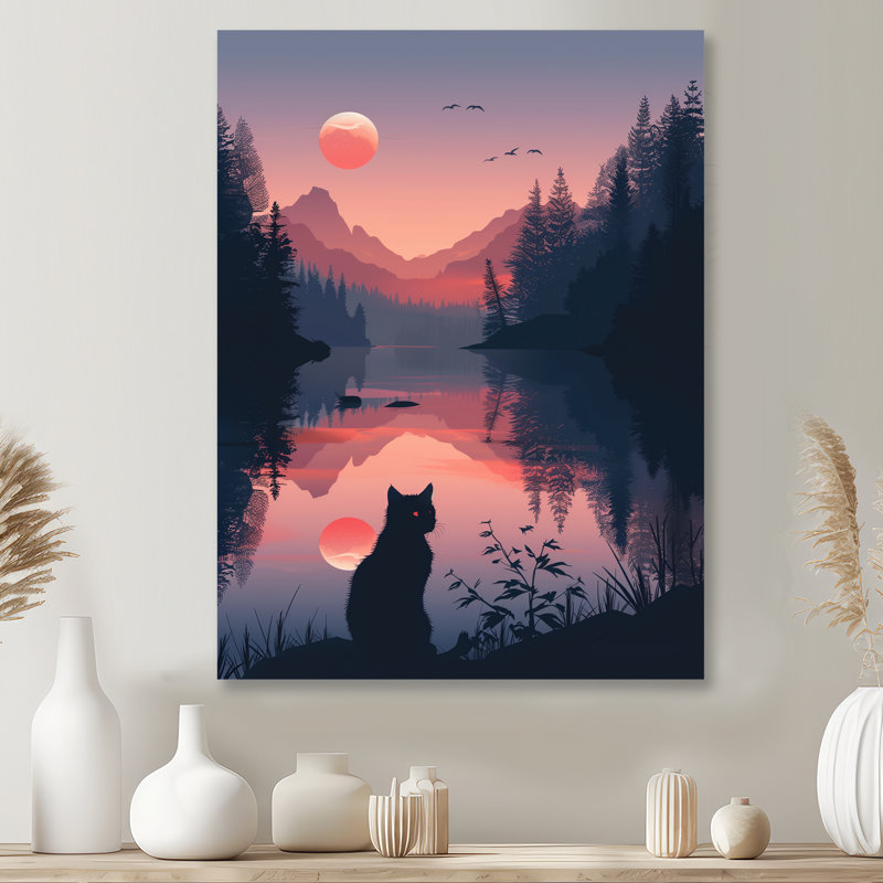 Silhouette de chat rose noir Sunset Lake I - décoration murale chat, Métal métal, H 32 po x l 24 po