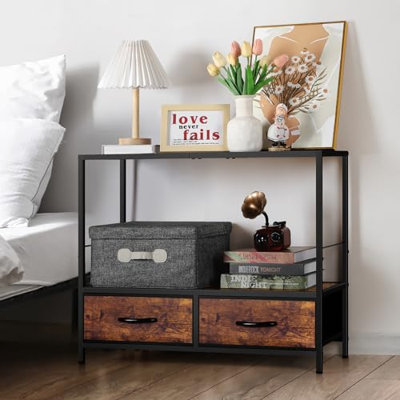 Table de bout industrielle à 2 niveaux avec 2 tiroirs, table d'appoint en métal rustique avec tablette de rangement ouverte pour le salon de la chambre à coucher, noir