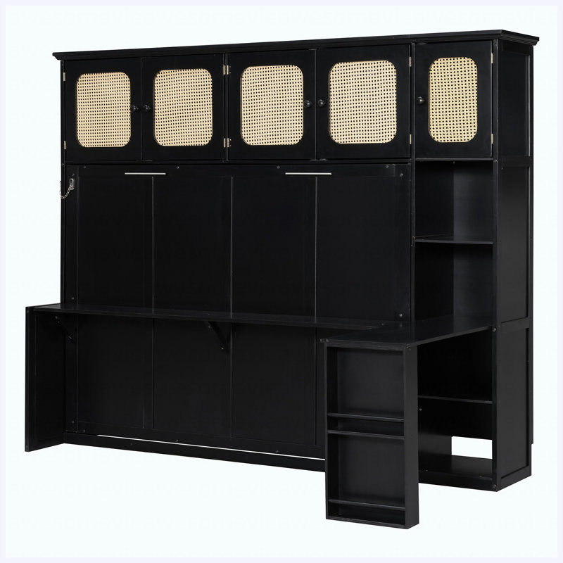 Full Size Murphy Bed with Desk & Rattan Cabinets, Space-Saving Wall Bed, Black