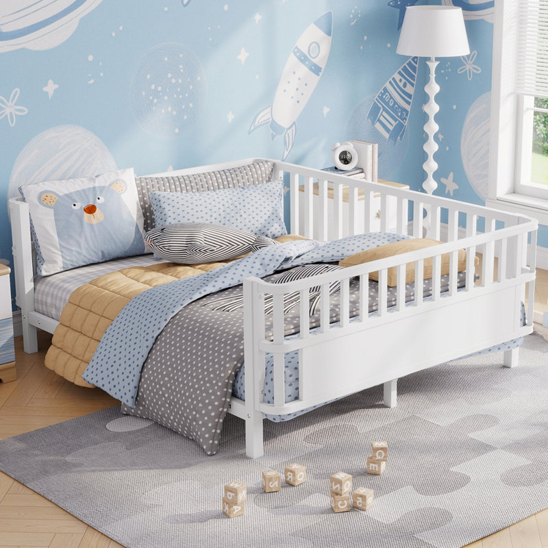Lit plateforme en métal avec rails, Lit double, Blanc