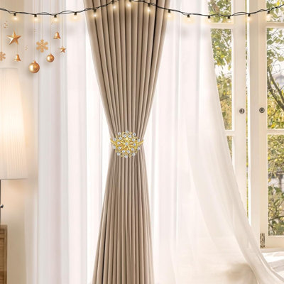 Magnetic Curtain Tiebacks 4 Pack, Gold Crystal Flower Window Curtain Decorative No Drilling Drapery Holdbacks With High,Elastic Spring Wire For Home Office Decor