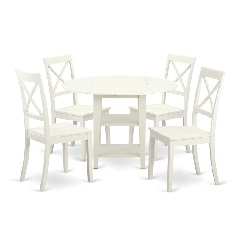 5 Piece Dining Set Includes a Round Dining Room Table with Dropleaf & Shelves and 4 Wood Seat Chairs, Linen White