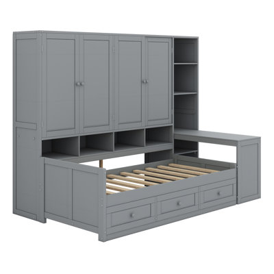 Wooden Daybed With Three Drawers, And All-In-One Cabinet, Desk And Shelves