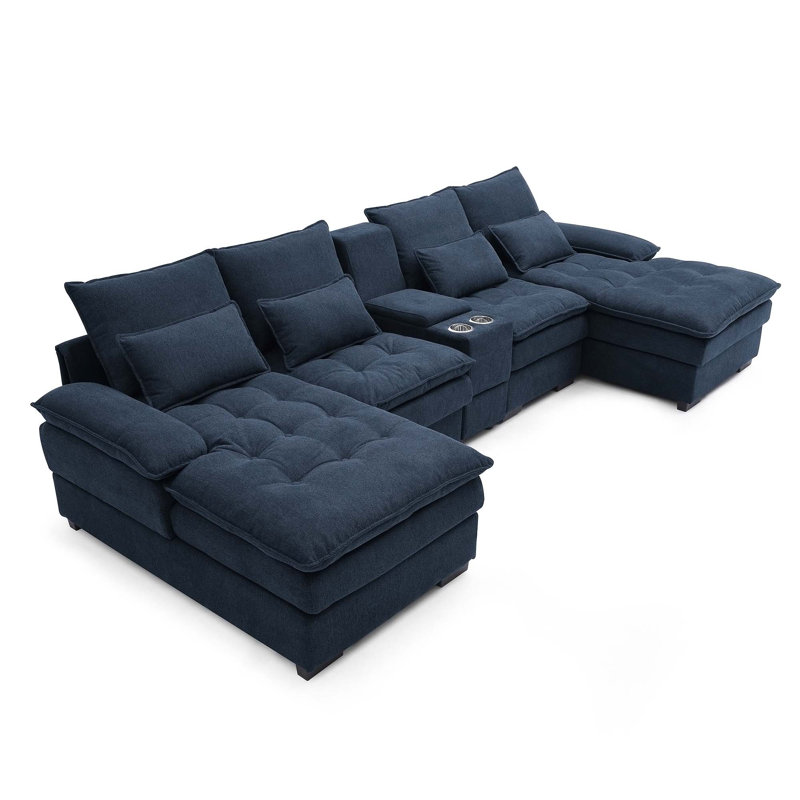 Canapé confortable à 6 places avec console et porte-gobelets pour le salon, Tissu bleu