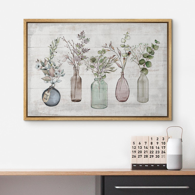 Panneau de fleurs en bouteille dans un vase, H 24 po x l 36 po x P 1,5 po, Encadré naturel