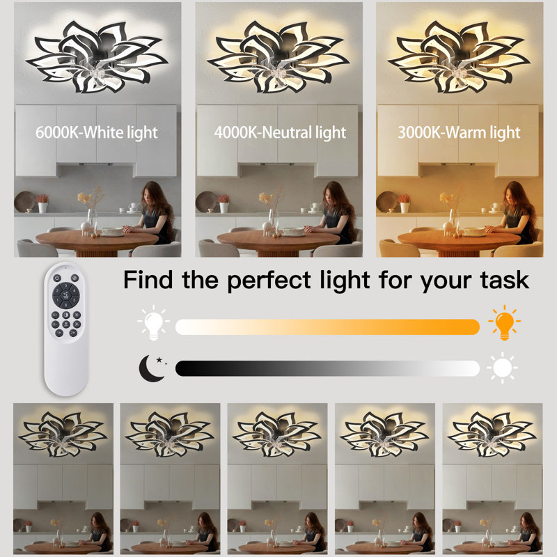 Modern Black Led Ceiling Fan With Lights, 35" Low Profile Flush Mount, Flower Design, Dimmable 3 Color Temperatures, 6-speed Quiet Motor, Remote & App Control For Bedroom Living Room Kitchen