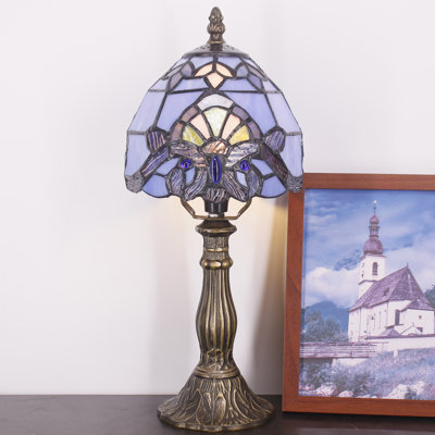Petite petite lampe de table d'appoint en vitrail Tiffany bleu mauve de style baroque 6 po x 14,6 po