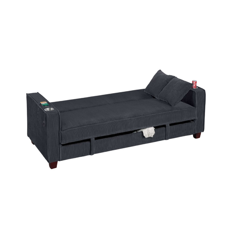 Canapé-lit Lucy avec ports USB, 2 coussins, velours côtelé noir, porte-gobelets, Brun