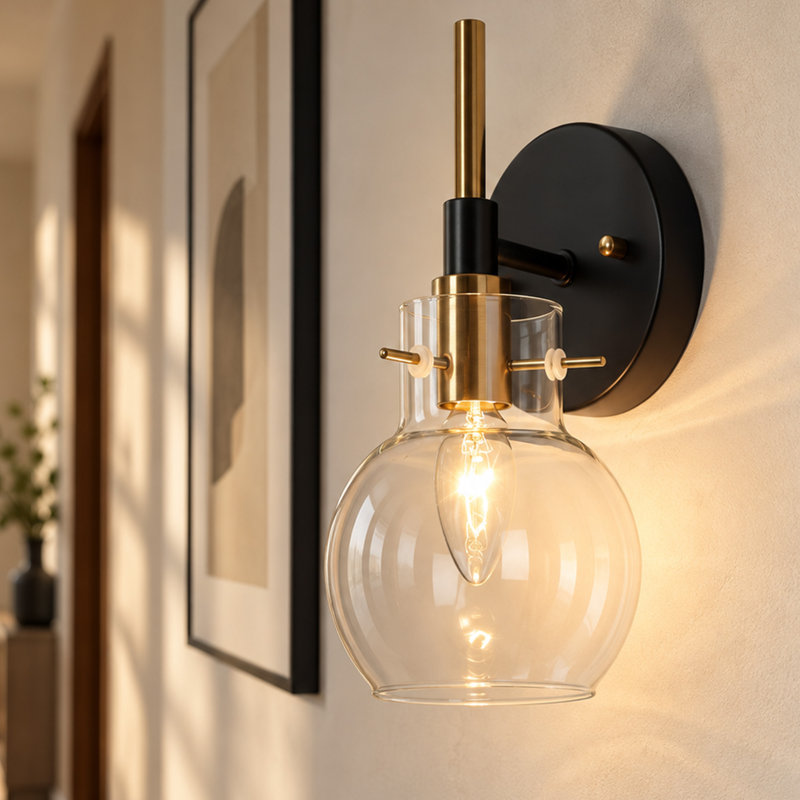 1 - Light Dimmable Black/Brass Armed Sconce Bath Vanity Light, Globe