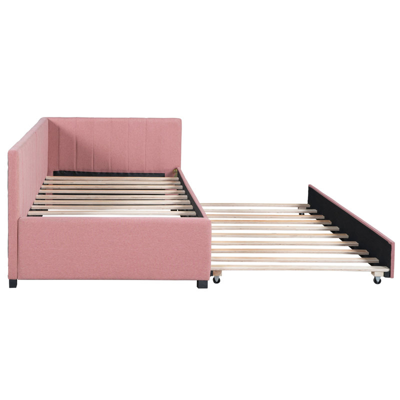Lit de jour simple avec lit gigogne, revêtu de lin rose, tissu en lin sans sommier, taille, rose, Pink