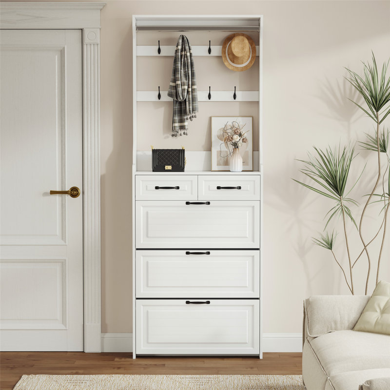 Versatile Shoe Cabinet with Multiple Compartments and Hanger for Efficient Storage, White