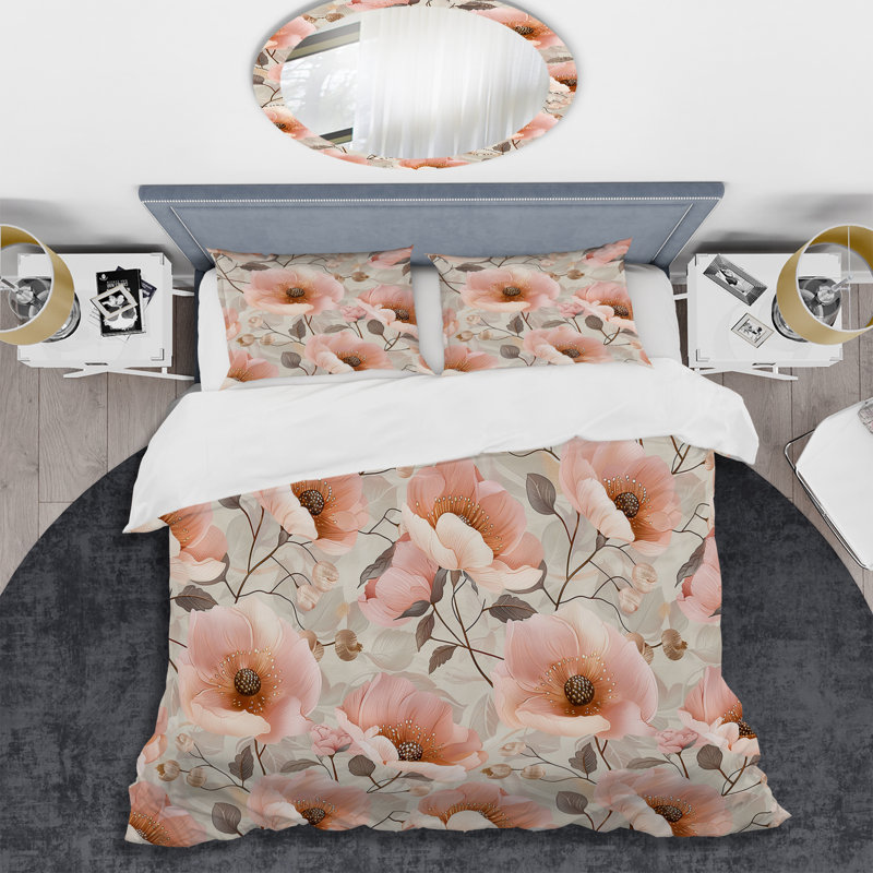 Ensemble de housse de couette Pastel Pink Blush Blooms VI - Modern, Housse de couette pour grand lit et 2 taies décor