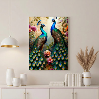 Ensemble de 1 tableau sur toile tendue représentant un paon et des fleurs