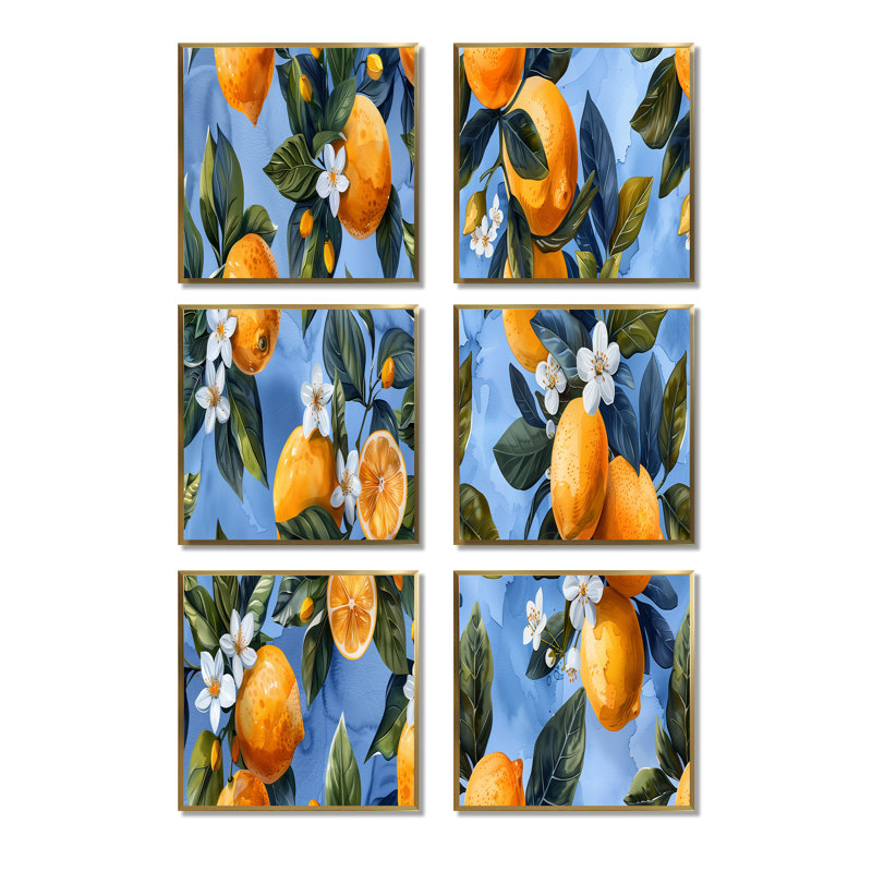 Motif de citronniers jaunes et bleus - fruits, ensemble d'art mural de 6, Impression encadrée sans passe-partout, Doré