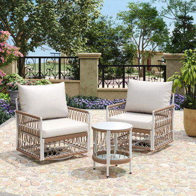 3-Piece Outdoor Furniture Set with 2 Swivel Chairs & Glass Top Side Table