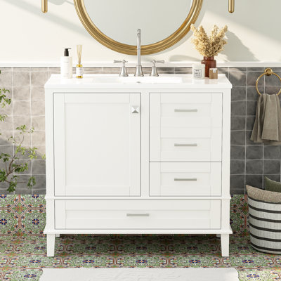 Meuble-lavabo de 36 po en blanc - Fabriqué avec des options de rangement polyvalentes et des charnières en pin massif