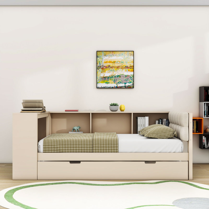 Lit de jour en bois avec couchette, tablettes et station de charge, Lit simple, Crème