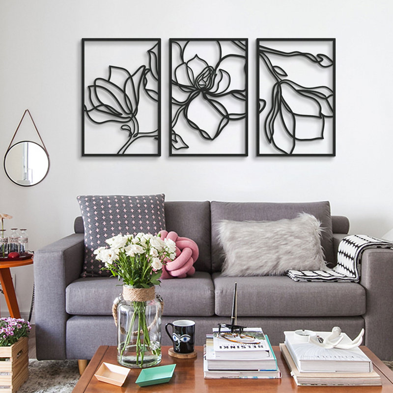 Abstract Red Metal Floral Wall Art Set of 3 Panels