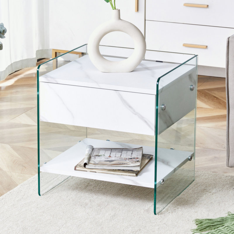 Table de chevet moderne minimaliste avec 1 tiroir - surface d'autocollant en panneau de fibres à densité moyenne et côtés en verre trempé, table de chevet compacte pour la chambre à coucher