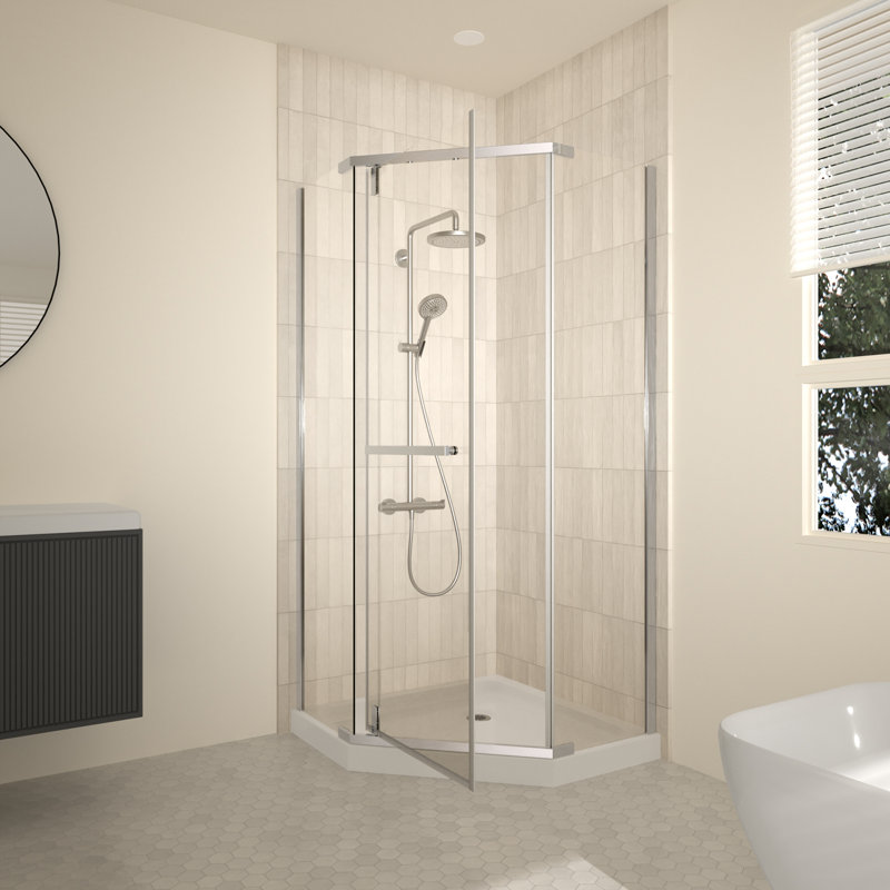Cabine de douche d'angle sans cadre 91,4 cm x 91,4 cm x 182,9 cm, cabine de douche néo-angle avec verre trempé transparent de 6 mm, porte de douche pivotante avec pellicule anti-explosion et revêtement nanochrome