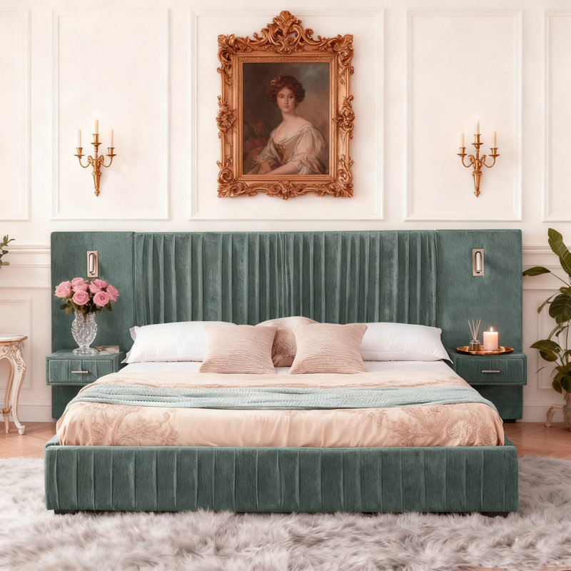 Structure de lit tapissier très grand avec tête de lit à panneau, lit plateforme avec table de chevet, Bleu vert