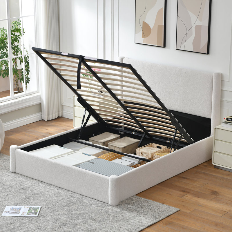 Braya Luxury Boucle Hydraulic Lift Up Storage Upholstered Platform Bed With Rounded Bolster Design,White,Queen, Boucle White