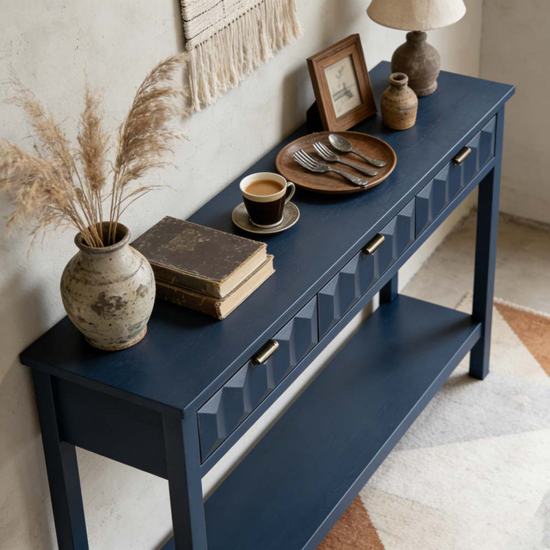 Table d'entrée 60 po en placage de sapin avec façades en nid d'abeille, console moderne, Marine