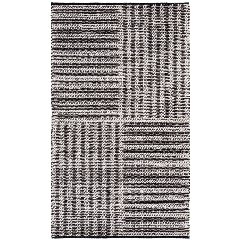 Egremont Hand Woven Wool/Cotton Striped Rug in Ivory/Black, Rectangle 3' x 5'