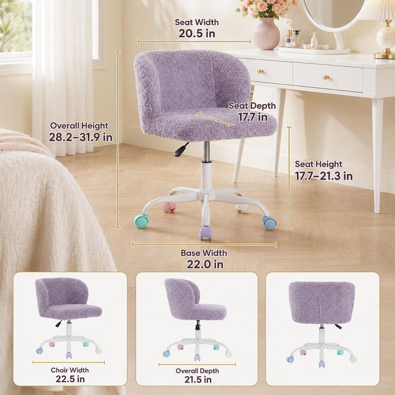 Chaise de bureau artificielle avec base en métal, chaise de bureau pivotante, chaise de coiffeuse (violet), Violet
